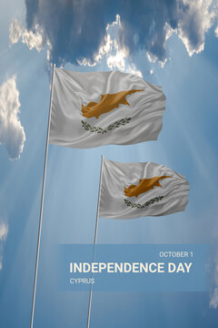 Two flags of Cyprus in blue sky with clouds for National holiday