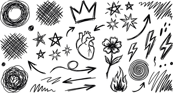 Set of hand drawn scribble and sketch elements including crown heart and lightning bolt with scribble lightning illustration handdrawn collection abstract creative ornament decorative