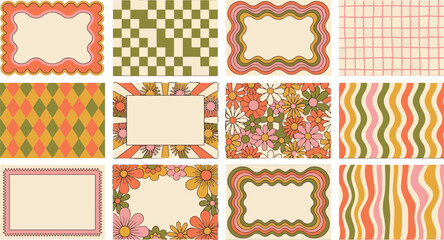 Collection of retro inspired geometric and floral patterns and borders in warm earth tones with geometric ornament background colorful illustration rectangle decoration packaging abstract © Kanon Islam
