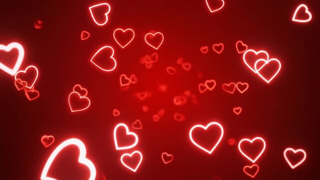 Floating glowing hearts on vibrant red background, symbolizing romance, love, and emotional connection.