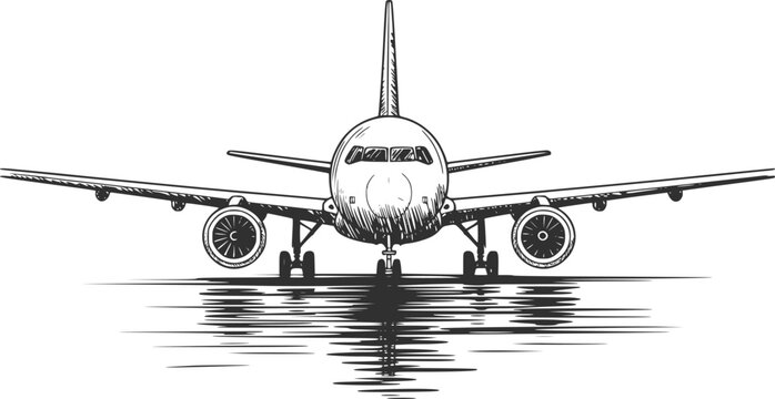 A detailed hand-drawn of a passenger airplane taxiing on an airport runway, front view style