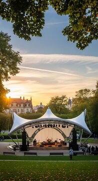 Outdoor Music Festival Stage in Park During Sunset.