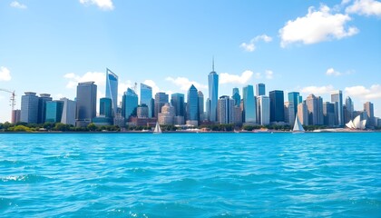 Obraz premium A daytime view of the Manhattan skyline from across the Hudson River showing skyscrapers and water.