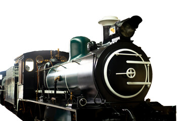 Vintage historic classic black steam locomotive train railway engineering isolated on a Transparent background © BloodysAlice