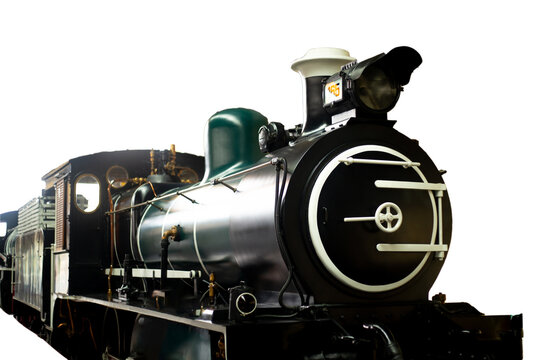 Vintage historic classic black steam locomotive train railway engineering isolated on a Transparent background