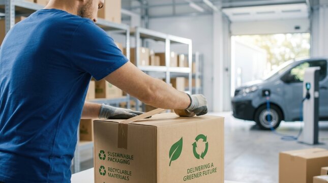 Warehouse worker packing cardboard box with sustainable packaging label, logistics delivery concept with electric van charging station in background.