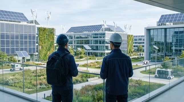 Engineers inspecting modern green building campus with solar panels and wind turbines, autonomous vehicles and drones for smart city infrastructure.
