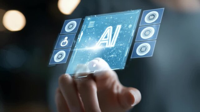 A close up of a hand touching a holographic screen with AI graphics, representing innovation in artificial intelligence. The modern digital interface highlights advanced technology and future trends