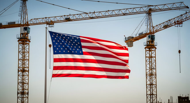American flag waving against construction site usa patriotism infrastructure