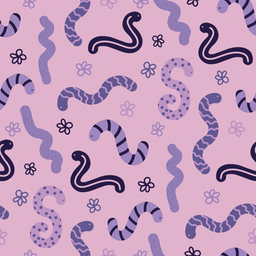Purple colorful worms kids seamless pattern