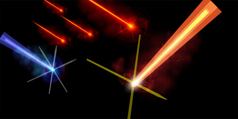 Abstract sci-fi background with colorful laser beams, comets, and energy blasts on black background. © Nandi