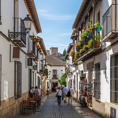 Charming European street with outdoor dining and architecture. © dia