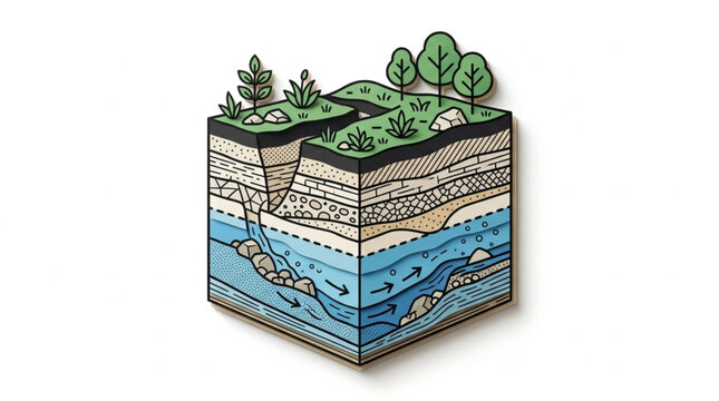 Cross section of earth showing geological layers and water table.