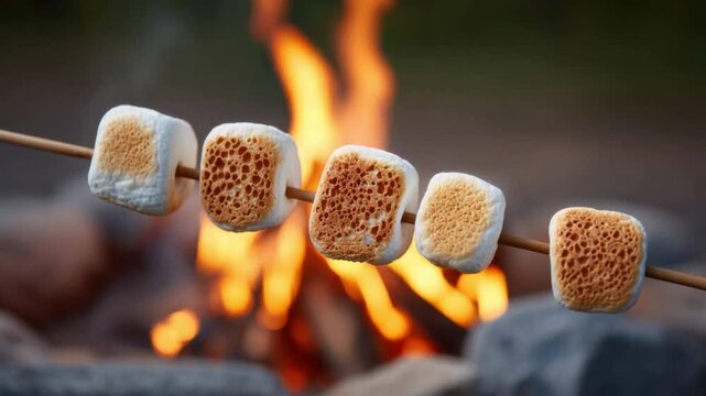 Close up of toasted marshmallow on stick roasting over open fire with glowing flame background warm outdoor camping scene food preparation