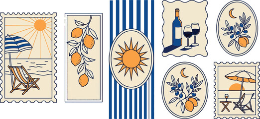 Set of mediterranean summer travel theme postage stamp illustrations with mediterranean vacation postcard illustration landscape crescent graphics collection traveling destination © Kanon Islam