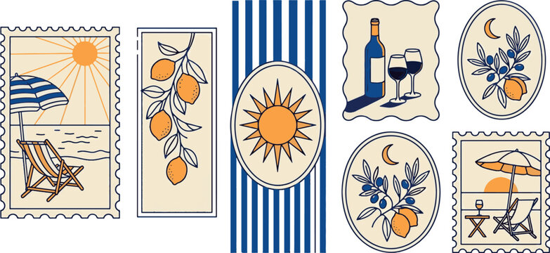 Set of mediterranean summer travel theme postage stamp illustrations with mediterranean vacation postcard illustration landscape crescent graphics collection traveling destination