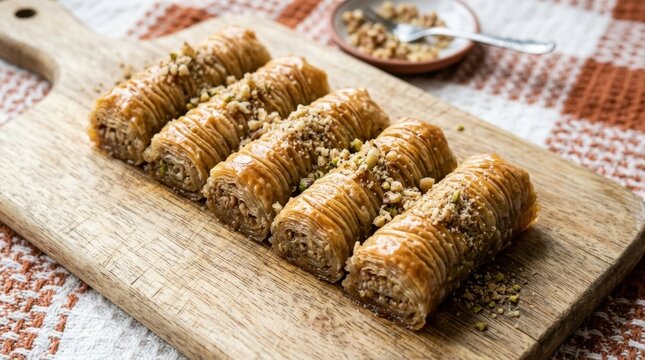 Traditional Turkish baklava rolls with walnuts and syrup served on a wooden board, delicious Middle Eastern sweet dessert pastry for Ramadan celebration.