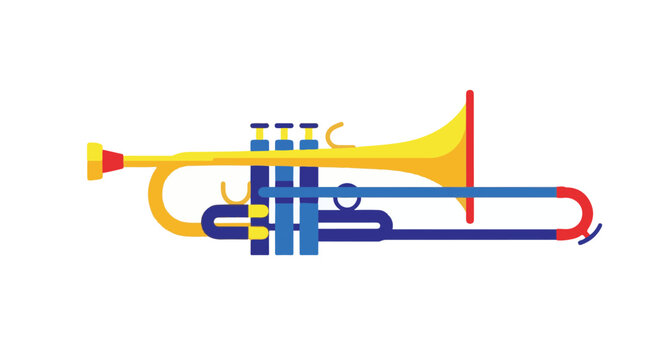 Bright yellow trumpet with blue and red accents, featuring clean lines and a simple, scalable design perfect for jazz music events and educational materials.