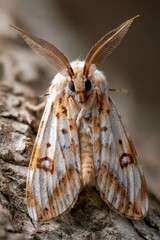 Fototapeta premium Moth resting on tree trunk in a dark natural environment at night