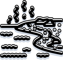 Naklejka premium Doodle style illustration depicting a winding river flowing through a natural landscape with trees and clouds, creating an organic and hand drawn outdoor scene