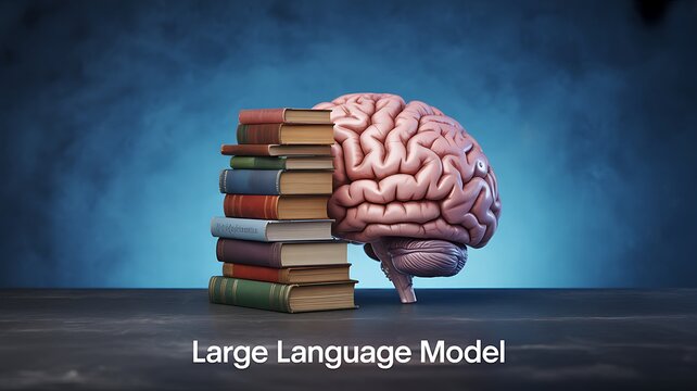 Large language model concept with brain and books on blue background