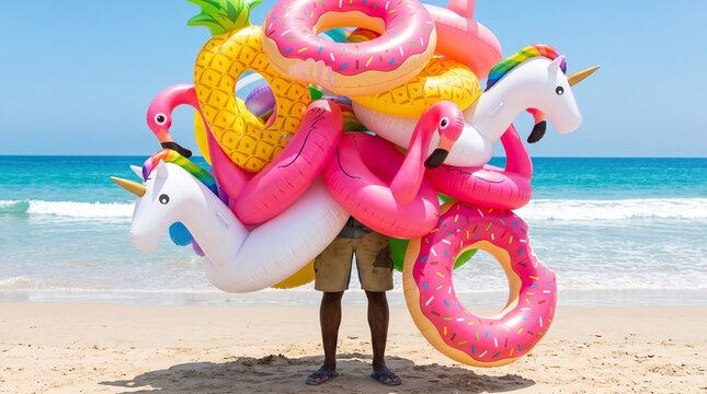 Humorous summer concept of a person walking on a sunny beach completely hidden under a massive, absurd pile of colorful inflatable pool toys, flamingos, and unicorns. Fun vacation lifestyle.