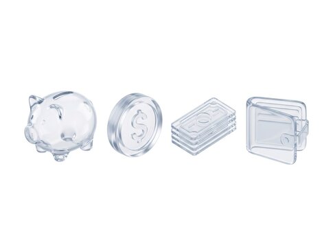 Transparent piggy bank, coin, and money stack illustrations on white background