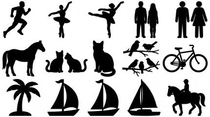 Obraz premium Varied silhouettes of humans, animals, and objects arranged in rows, showcasing dynamic motion, natural forms, and iconic visual simplicity.