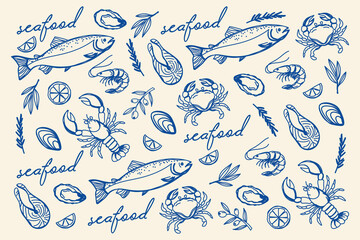 Set of hand-drawn seafood elements: fish, shrimp, crabs, lobsters, oysters, lemons and herbs. Suitable for restaurant menu designs, product packaging or textiles. Vector illustration in doodle style. © Margarita 