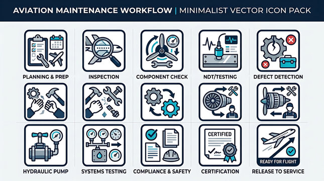 Aviation maintenance workflow icons depict various industrial aircraft inspection and repair processes