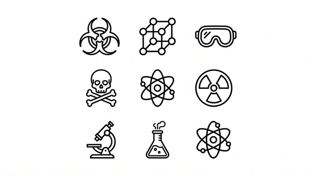 Scientific icons grid showcasing biohazard, molecules, goggles, toxicity, atomic energy, radiation, microscope, flask, chemistry safety, laboratory research symbols unified.