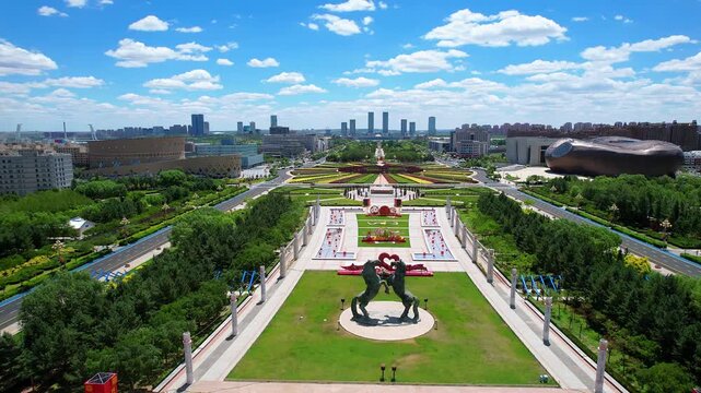 Aerial view of Two Steeds Square in Kangbashi New District, Ordos, Inner Mongolia, China