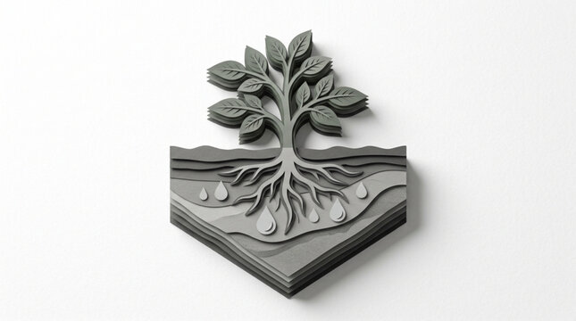 Paper Tree Sculpture Showing Roots and Soil Layers.