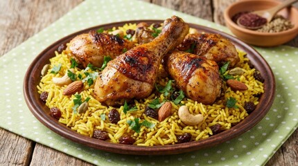 Fototapeta premium Savory Roasted Chicken Drumsticks Served Over Fragrant Yellow Rice With Almonds, Cashews, and Raisins