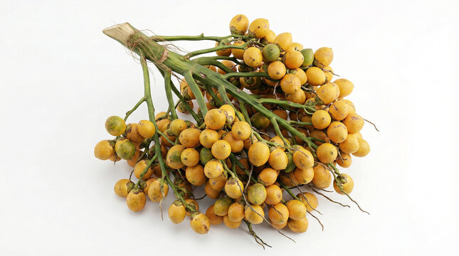 Bunch of fresh yellow areca nuts or betel nut palm fruits on green branches isolated on a white background with copy space