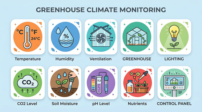A comprehensive greenhouse climate monitoring system displays various icons for temperature, humidity, ventilation, lighting, CO2 level, soil moisture, pH level, and nutrients in a control panel.