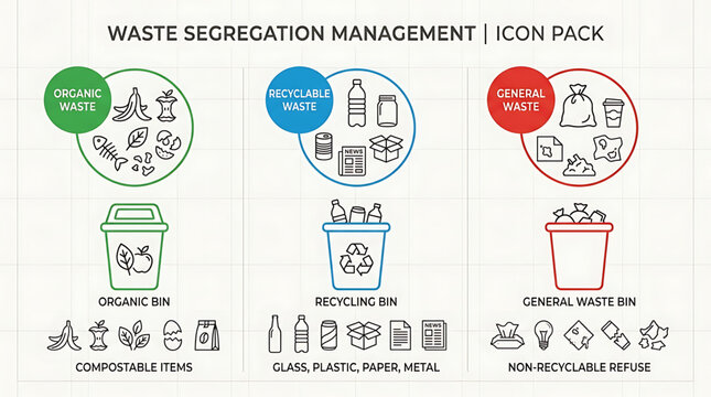 A graphic illustrating waste segregation management with icons for organic, recycling, and general waste bins in an urban environment.