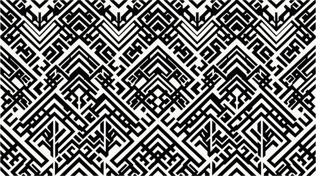 Seamless geometric monochrome ethnic fence pattern featuring complex tribal labyrinth motifs and abstract black and white tile textures.