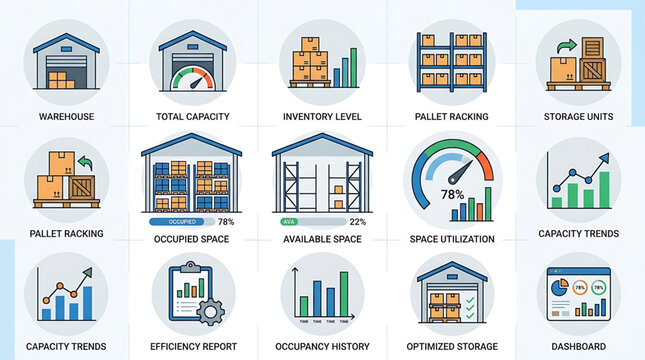 Warehouse management dashboard displays inventory levels and pallet racking efficiency reports with storage units and capacity trends