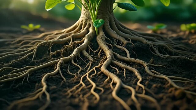 Close-up view of a complex root system of a young green plant firmly anchored in the rich, dark soil, symbolizing growth and foundation.