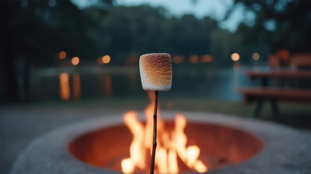 Toasting a single marshmallow over an outdoor fire pit during evening camping with blurred background of nature and picnic bench