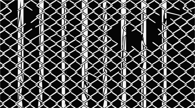 Broken chain link fence featuring monochrome fence patterns and a metal barrier with vertical bars for security and freedom concepts.