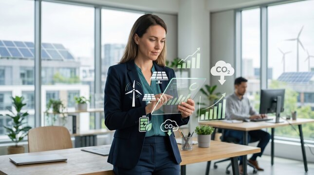 Professional woman analyzing sustainability metrics and renewable energy data on tablet, carbon footprint reduction strategy