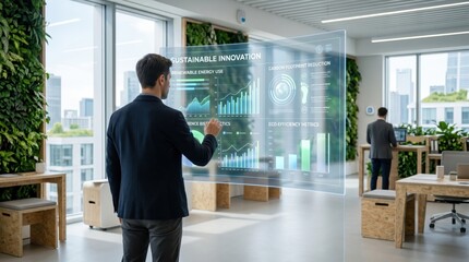 Fototapeta premium Businessman analyzing sustainable innovation hologram, green energy charts, carbon footprint reduction data, eco-efficiency metrics display, modern office interior with plants