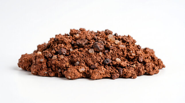 Photorealistic close-up of a low horizontal mound of red laterite soil with clay-rich texture and iron nodule fragments on pure white background