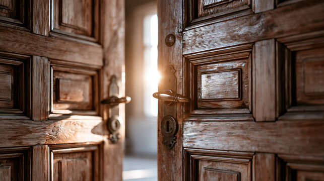 Ancient wooden double doors slightly ajar, revealing a sliver of light.