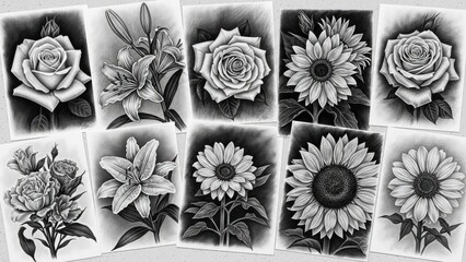 Naklejka premium Black-white sketches of roses, lilies, and sunflowers in a row