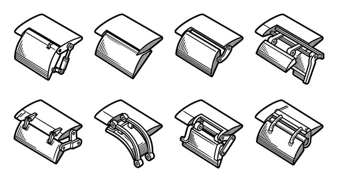 Eight isometric line art icons depicting various aircraft wing flap mechanisms.