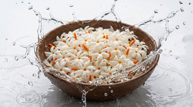 Fresh white parijat night jasmine flowers in a natural coconut shell bowl with dynamic water splash isolated on white background with copy space