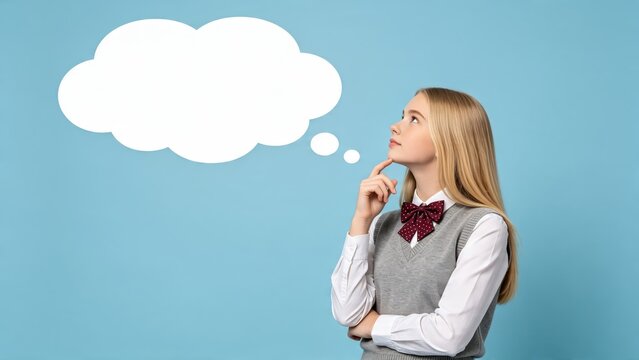 Young female student thinking about new ideas and creative concepts with empty thought bubble, education and imagination concept for school learning